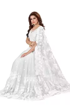 White Embroidered Net Saree With Blouse