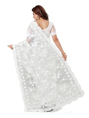 White Embroidered Net Saree With Blouse 3