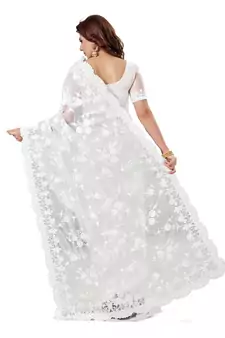 White Embroidered Net Saree With Blouse