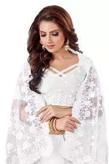 White Embroidered Net Saree With Blouse