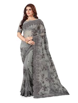 Grey Embroidered Net Saree With Blouse 3
