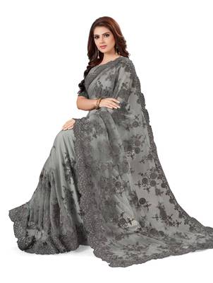 Grey Embroidered Net Saree With Blouse 1