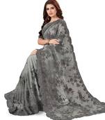 Grey Embroidered Net Saree With Blouse