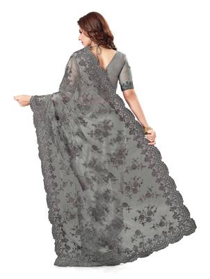 Grey Embroidered Net Saree With Blouse 4