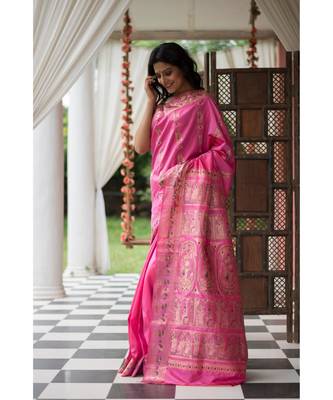 Pink Stunning baluchari saree in fuscia with silver zari and meenakari work 1