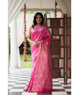 Pink Stunning baluchari saree in fuscia with silver zari and meenakari work 2