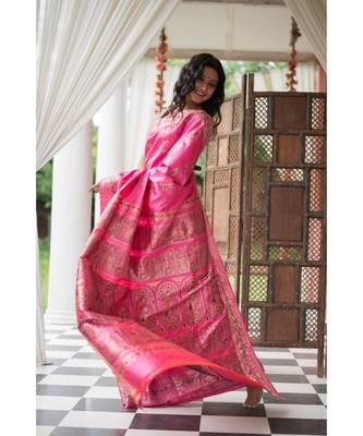 Pink Stunning baluchari saree in fuscia with silver zari and meenakari work 3