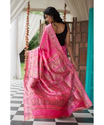 Pink Stunning baluchari saree in fuscia with silver zari and meenakari work 4