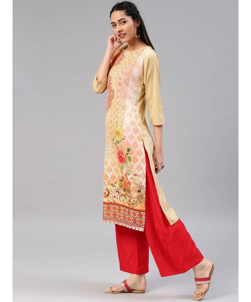 Multi Polyester Straight Women Long Kurta