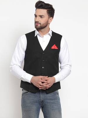 Black Woven Pure Woollen Nehru Jacket 1