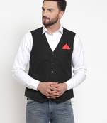 Black Woven Pure Woollen Nehru Jacket