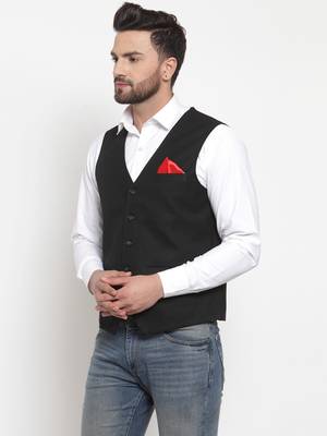 Black Woven Pure Woollen Nehru Jacket 2