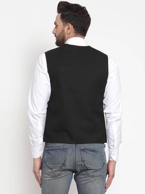 Black Woven Pure Woollen Nehru Jacket 3