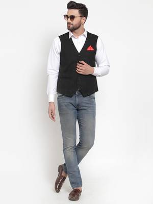 Black Woven Pure Woollen Nehru Jacket 4