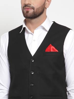 Black Woven Pure Woollen Nehru Jacket 5