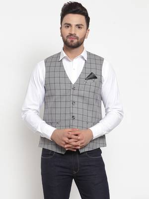 Grey Woven Pure Woollen Nehru Jacket 1
