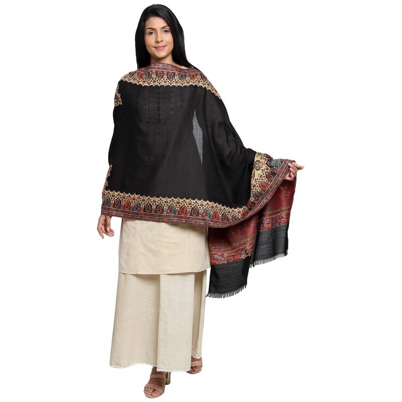 Black & Multicolour Woolen Woven Design Paisley Shawl