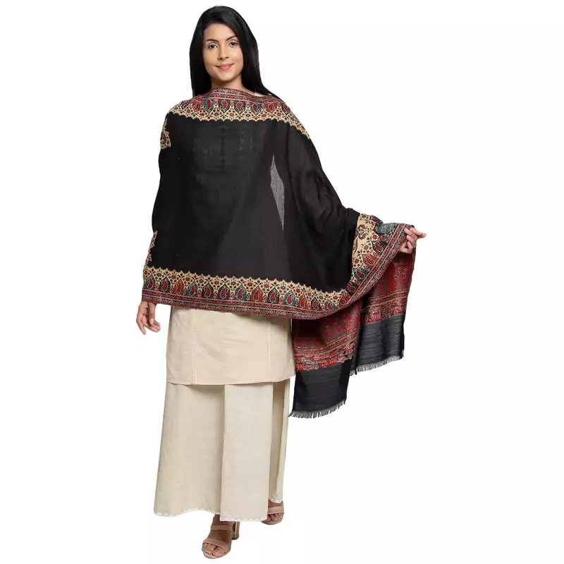 Black & Multicolour Woolen Woven Design Paisley Shawl