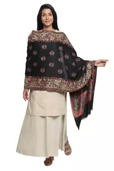 Black & Multicolour Woolen Woven Design Floral Paisley Shawl