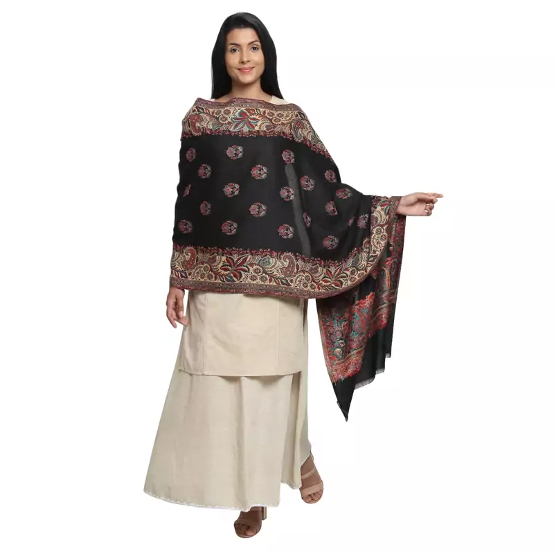 Black & Multicolour Woolen Woven Design Floral Paisley Shawl