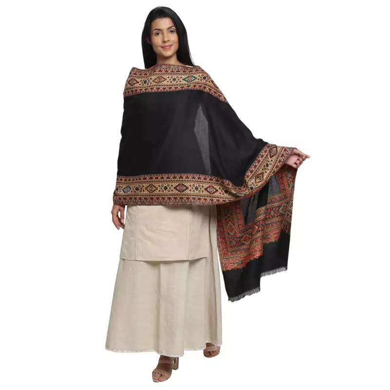 Black & Multicolour Woolen Woven Design Geometric Shawl