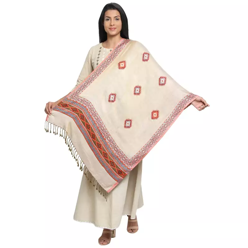 Red & Multicolour Viscose Rayon Woven Design Geometric Shawl