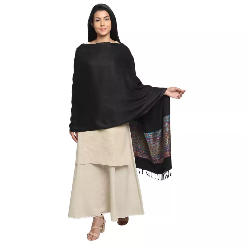 Black & Multicolour Viscose Rayon Woven Design Paisley Geometric Shawl