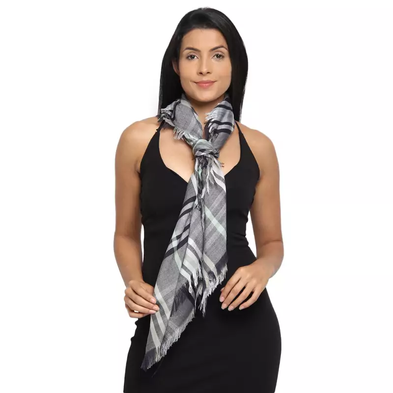 Grey & Black Viscose Rayon Woven Design Checked square Scarf
