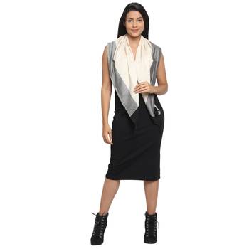Natural & Black Viscose Rayon Woven Design Colourblocked Square Scarf 4