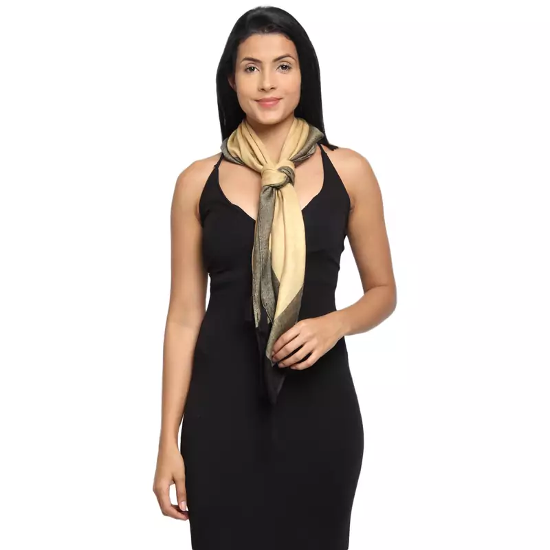 Beige & Black Viscose Rayon Woven Design Colourblocked Square Scarf