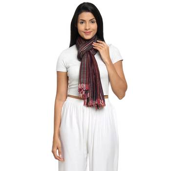 Wine & Multicolour Viscose Rayon Woven Design Striped Stole 1