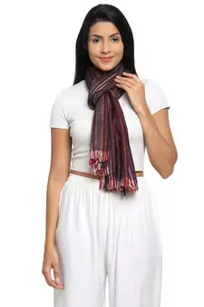 Wine & Multicolour Viscose Rayon Woven Design Striped Stole