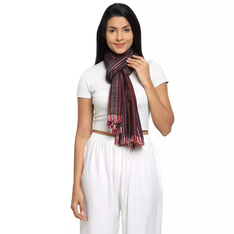 Wine & Multicolour Viscose Rayon Woven Design Striped Stole