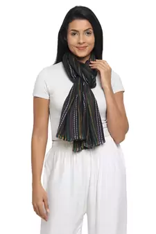 Black & Multicolour Viscose Rayon Woven Design Striped Stole