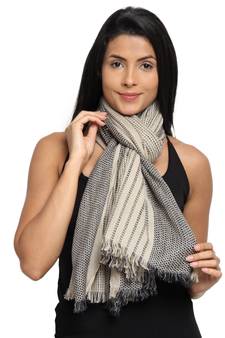 Beige & Black Viscose Rayon Woven Design Striped Stole