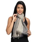 Beige & Black Viscose Rayon Woven Design Striped Stole