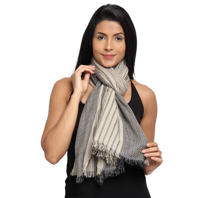 Beige & Black Viscose Rayon Woven Design Striped Stole