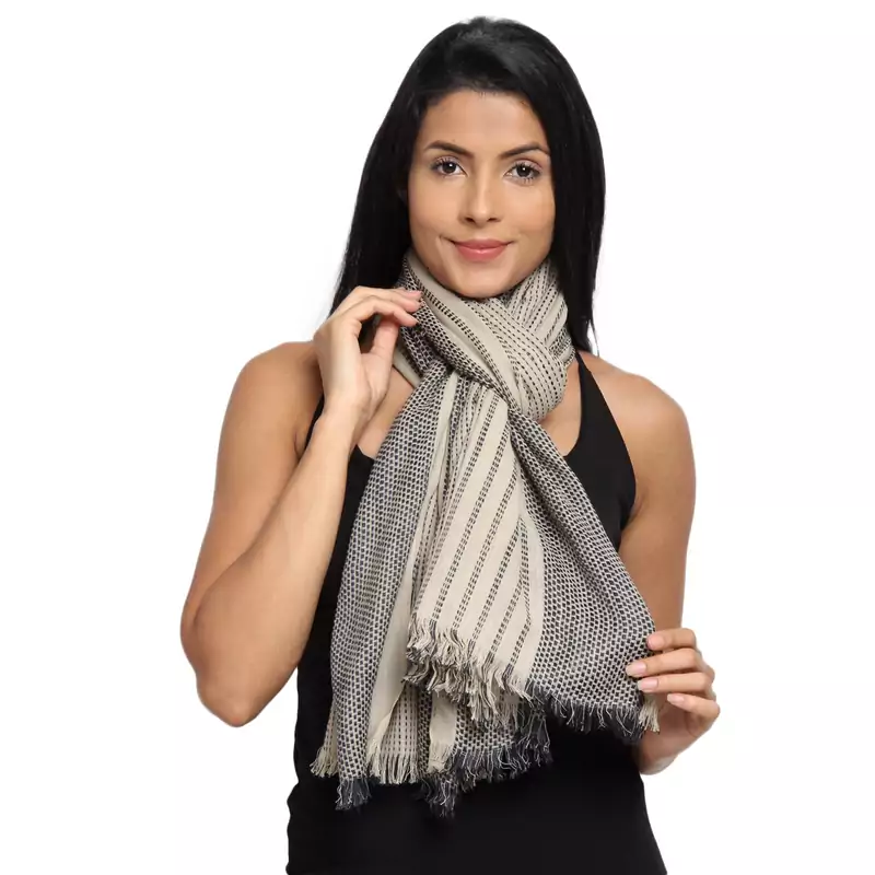 Beige & Black Viscose Rayon Woven Design Striped Stole