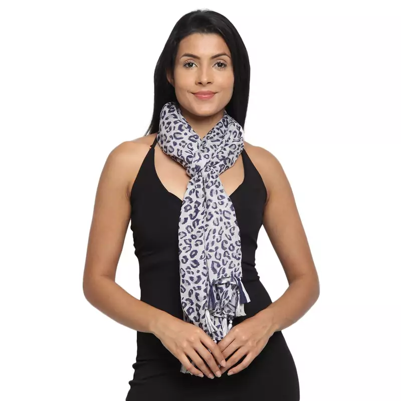 Anekaant Grey & Navy Cotton Floral Geometric Printed Stole