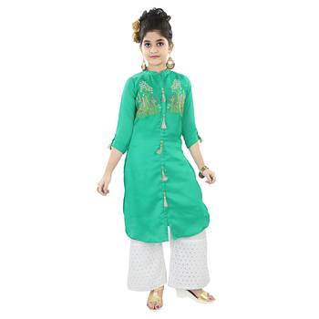 Sea Green Slik Embroidered Pallazzo Suit Top And Bottom 1
