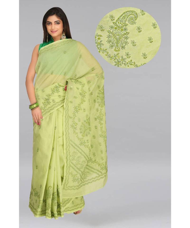 Ada Hand Embroidered Green Cotton Lucknow Chikankari Saree With Blouse