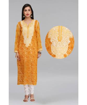 Mustard Embroidered Georgette Chikankari Kurti 6