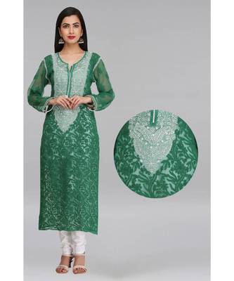 Green Embroidered Georgette Chikankari Kurti 6