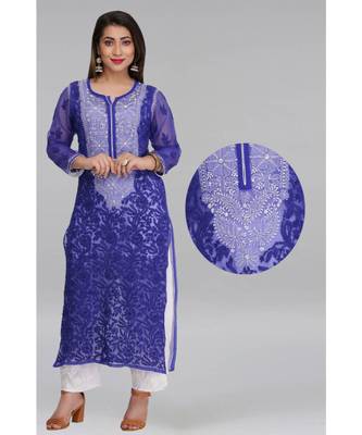 Blue Embroidered Faux Georgette Chikankari Kurti 6