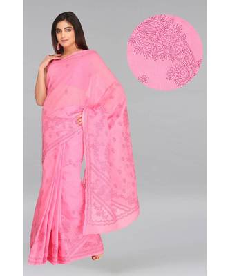 Ada Hand Embroidered Pink Cotton Lucknow Chikankari Saree With Blouse 5