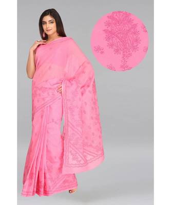 Ada Hand Embroidered Pink Cotton Lucknow Chikankari Saree With Blouse 1