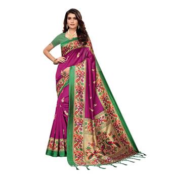 Magenta printed art silk saree with blouse 1