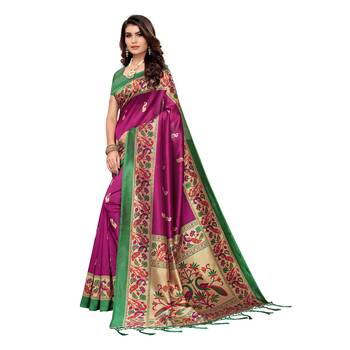 Magenta printed art silk saree with blouse 2