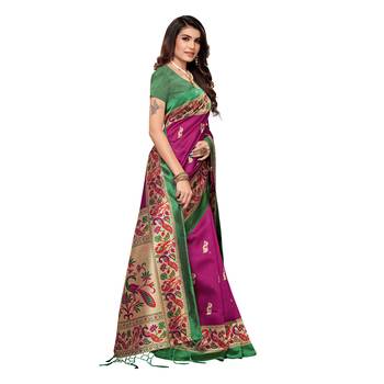Magenta printed art silk saree with blouse 3
