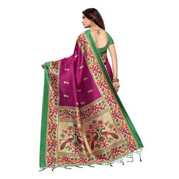 Magenta printed art silk saree with blouse 4